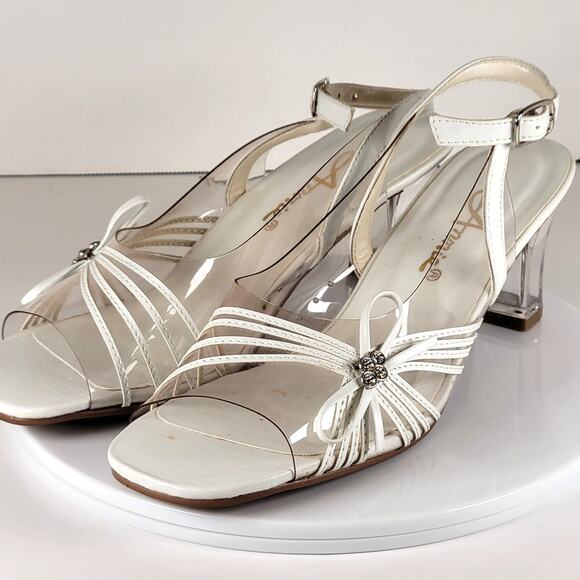 Annie White Slingback Sandals 6M Open Toe Clear Heel Strappy Bow Rhinestones - Picture 6 of 16